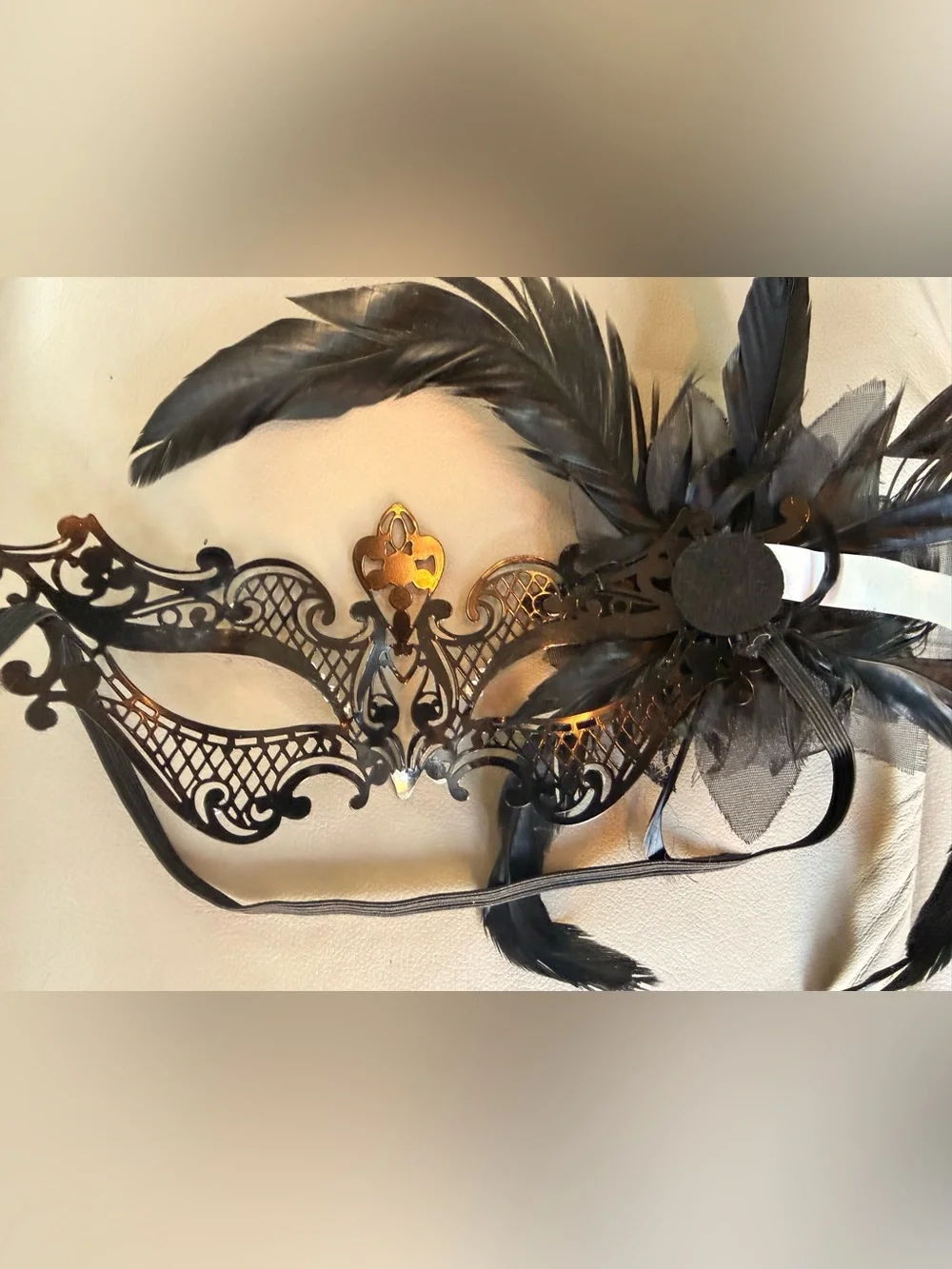 Black Feathered Masquerade Mask with Crystal Accents